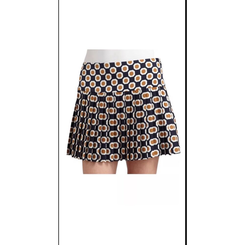 Theory Pleated Silk Skirt, Navy Geometric, “Sylvian”, Size 8